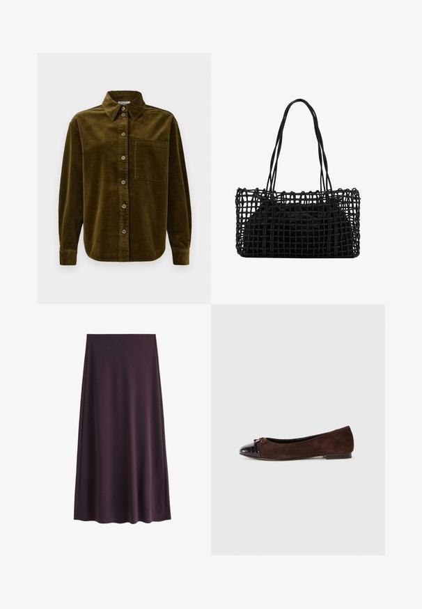 Kordtrøje i mørk olivengrøn med krave, forreste knapper og en lomme på venstre bryst. Struktureret med lodrette striber.; Lilla nederdel lavet af glat stof, med en A-formet silhuet og en længde til knæene, uden synlige mønstre eller lukninger.; Brune ruskindsballettsko med en blankt mørkebrun patenteret lædertås og en lille sløjfeaccent foran. Flad hæl.; Sort vævet håndtaske med et åbent netdesign og to lange håndtag. Indeholder en solid sort indersæk til opbevaring.