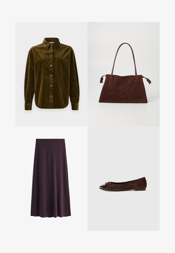 Cămașă din catifea în verde măsliniu închis, având un guler clasic, nasturi la față și un buzunar pe partea stângă a pieptului. Texturată cu dungi verticale.; Fustă purpurie din material neted, având o siluetă în formă de A, cu o margine până la genunchi, fără modele vizibile sau închizători.; Balerini din suede maro, cu vârful din piele lac maro închis și un accent subțire sub formă de fundiță în față. Toc plat.; Geantă tote din suede maro cu două mânere din piele, textură moale, formă plată și un logo embosat subtil pe față.
