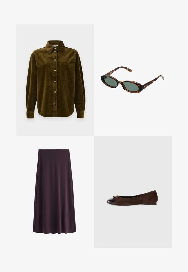 Corduroy shirt in dark olive green, featuring a collared neckline, front buttons, and a left chest pocket. Textured with vertical stripes.; Purple skirt made of smooth fabric, featuring an A-line silhouette with a knee-length hem, no visible patterns or fasteners.; Brown suede ballet flats with a glossy dark brown patent leather toe cap and a small bow accent on the front. Flat heel.; Tortoiseshell sunglasses with oval frames and green lenses. Features thin arms with a metallic accent near the hinges.