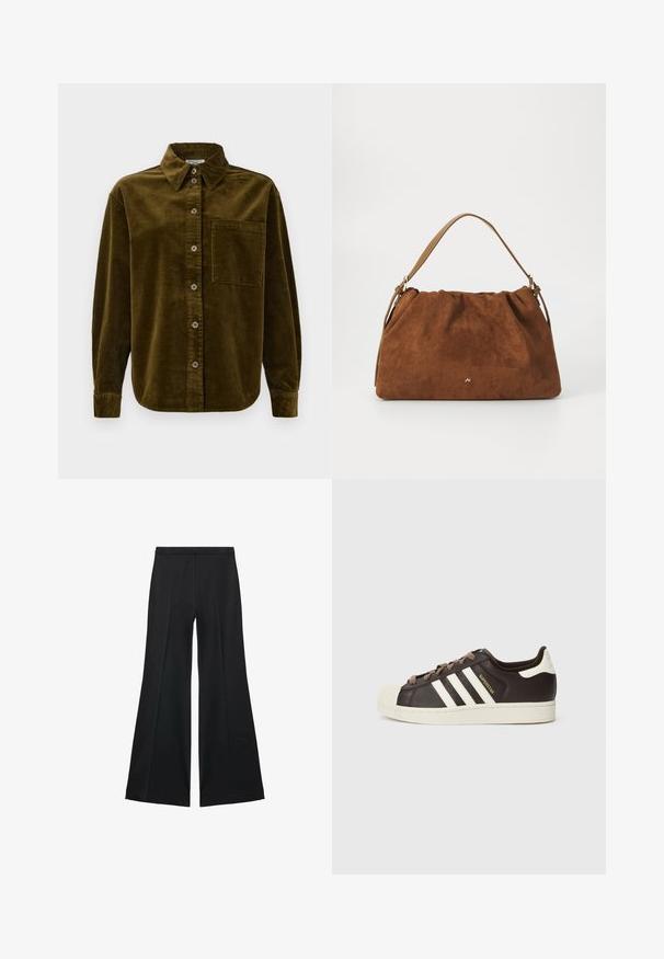 Korčulanska košulja u tamno maslinastoj boji, s ovratnikom, prednjim dugmadi i džepom na lijevoj strani prsiju. Tekstura s vertikalnim trakama.; Crne široke hlače s glatkom teksturom, koje imaju prednje nabore i kroj po mjeri. Tkanina je lagana i lepršava.; Niska Adidas Superstar tenisica od tamnobraon kože s krem školjkastim vrhom, bijelim prugama i natpisom "Superstar" sa strane.; Smeđa nubuk torba s nabranim dizajnom, s jednim tamnim kožnim remenom i suptilnim zlatnim logotipom na prednjoj strani.