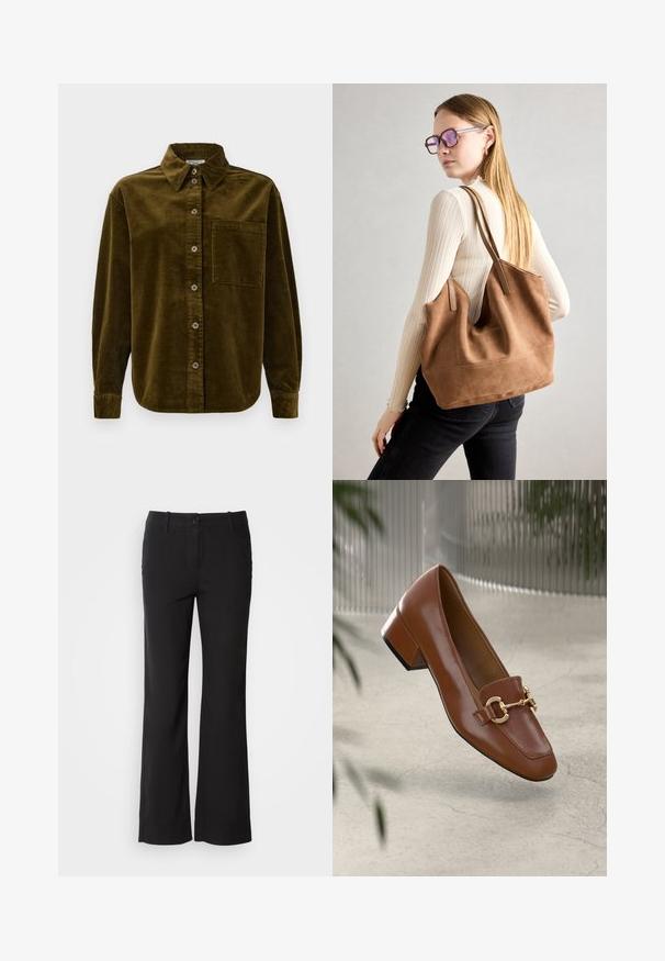 Sötét olívazöld kordbársony ing, galléros nyakkal, elől gombokkal és bal oldali mellzsebbel. Függőleges csíkokkal texturált.; Fekete pamut keverék nadrág egyenes szárú dizájnnal, elülső gombos záródással és két oldalsó zsebbel. Simára kialakított textúra, nincs látható minta.; Barna lakkbőr loaferek négyzet alakú orral, fém lánc díszítéssel és alacsony blokk sarkú kialakítással; sima textúra, minimalista design.; Barna velúr vászontáska puha textúrával, nagy nyílással és hosszú pántokkal. Egyszerű dizájnnal rendelkezik, látható varrással és nincs rajta fém alkatrész.