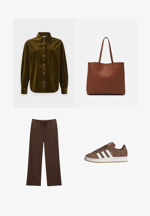 Hladký kordový košeľový top v tmavo olivovej farbe, s golierom, predným zapínaním na gombíky a ľavým vreckom na hrudi. S textúrou vertikálnych pruhov.; Hnedé nohavice s širokými nohavicami vyrobené z mäkkej tkaniny, so sťahovacím pásom a dvomi bočnými vreckami.; Hnedé semišové tenisky s bielymi koženými pruhmi, gumovou podrážkou, okrúhlou špičkou a šnurovaním. Obsahujú logo na jazyku a perforované akcenty.; Hnedá kožená taška na rameno s hladkou textúrou, otvoreným vrchom a dvoma ramenými popruhmi. Má minimálne šitia a žiadne viditeľné kovania.