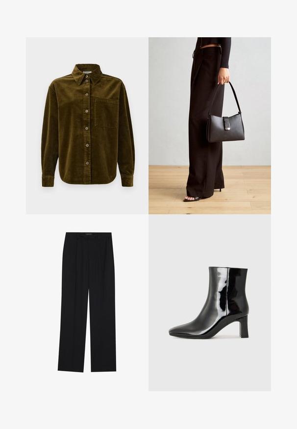 Sötét olívazöld kordbársony ing, galléros nyakkal, elől gombokkal és bal oldali mellzsebbel. Függőleges csíkokkal texturált.; Fekete nadrág egyenes szárú kialakítással, két első zsebbel és derékrésszel. Simának és könnyű anyagból készült.; Fekete lakk bőrcipő bokáig érő, hegyes orral és közepes magasságú tömbsarokkal. Simább textúrával és minimalista dizájnnal rendelkezik.; Fekete kézi táska strukturált formával, sima textúrával és fémből készült záródással. Széles fekete nadrággal és nyitott orrú szandállal párosítva, fából készült padlón.