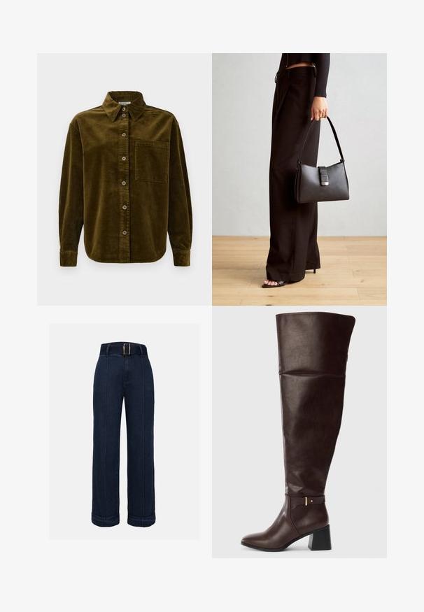 Katoenen overhemd in donkergroen olijf, met een kraag, knopen aan de voorkant en een linker borstzak. Geweven met verticale strepen.; Donkerblauwe high-waisted wijde jeans met een ceintuur in de taille, voorzien van contrasterende stiksels en opgerolde boorden aan de onderkant.; Donkerbruine leren kniehoogte laars met blokhak en decoratieve riemdetails aan de zijkant, getoond tegen een effen lichte achtergrond.; Zwarte handtas met gestructureerde vorm, gladde textuur en een metalen sluiting. Gecombineerd met brede zwarte broeken en sandalen met open teen op een houten vloer.