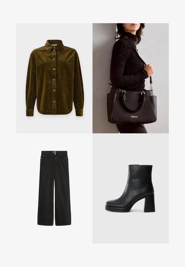 Katoenen overhemd in donkergroen olijf, met een kraag, knopen aan de voorkant en een linker borstzak. Geweven met verticale strepen.; Zwarte denim jeans met wijde pijpen en een hoge taille. Bevat vijf zakken, metalen beslag en een nette afwerking. De textuur is glad en zacht.; Zwarte leren enkelboot met een blokhak en platformzool, zijaanzicht op een effen witte achtergrond.; Zwarte handtas met gestructureerd oppervlak, dubbele bovenhandvatten en verstelbare schouderriem. Voorzien van goudkleurige hardware en zijzakken.