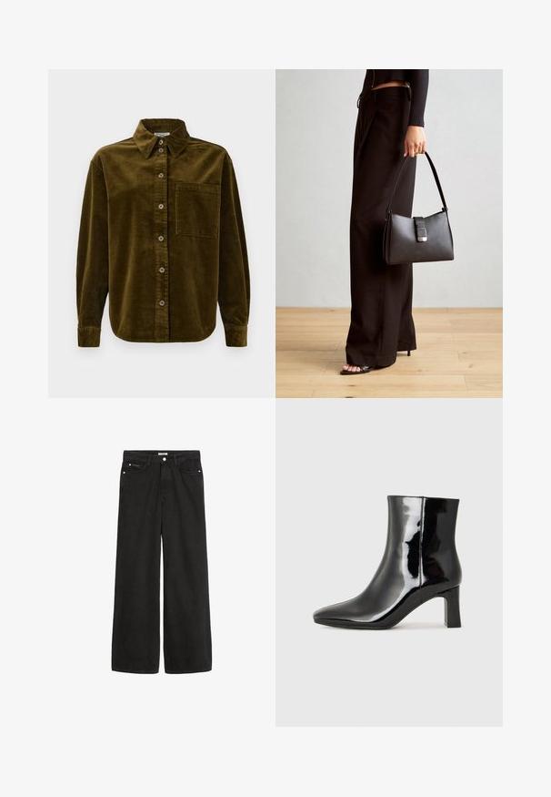 Camicia in corduroy di un verde oliva scuro, con collo a camicia, bottoni frontali e taschino sul lato sinistro del petto. Texturizzata con righe verticali.; Jeans in denim nero a gamba larga con vita alta. Presentano cinque tasche, accessori metallici e una finitura pulita. La texture è liscia e morbida.; Stivaletto in pelle verniciata nera con punta a punta e tacco a blocco di altezza media. Texture liscia e design minimalista.; Borsa nera con forma strutturata, texture liscia e una chiusura metallica. Abbinata a pantaloni neri larghi e sandali open-toe su un pavimento in legno.