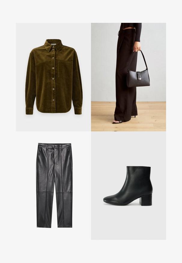 Sötét olívazöld kordbársony ing, galléros nyakkal, elől gombokkal és bal oldali mellzsebbel. Függőleges csíkokkal texturált.; Fekete bőrnadrág sima textúrával, egyenes szabással, két elülső zsebbel és látható varrás részletekkel.; Fekete bőr bokacsizma hegyes orral és vastag sarokkal. Sima felület minimális díszítéssel és karcsú, passzos kialakítással.; Fekete kézi táska strukturált formával, sima textúrával és fémből készült záródással. Széles fekete nadrággal és nyitott orrú szandállal párosítva, fából készült padlón.