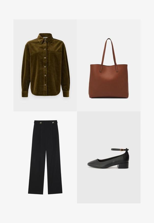 Karduroi paita tummassa oliivinvihreässä, jossa on kauluspaita, etupainikkeet ja vasemmassa rintataskussa. Pintakuvioitu pystysuorilla raidoilla.; Mustat leveälahkeiset housut, joissa on korkea vyötärö, napit vyötärönauhassa ja etupuolella laskokset.; Mustat nahkakengät, joissa on terävä kärki ja matala lohkare korko. Varustettu nilkkahihnalla, jossa on kultasävyinen solki. Lisää sileä pinta.; Ruskea nahkainen olkalaukku, jossa on sileä pinta, avoin yläosa ja kaksi olkahihnaa. Omaavat vain minimaalisen ompelun eikä näkyvää metalliosaa.