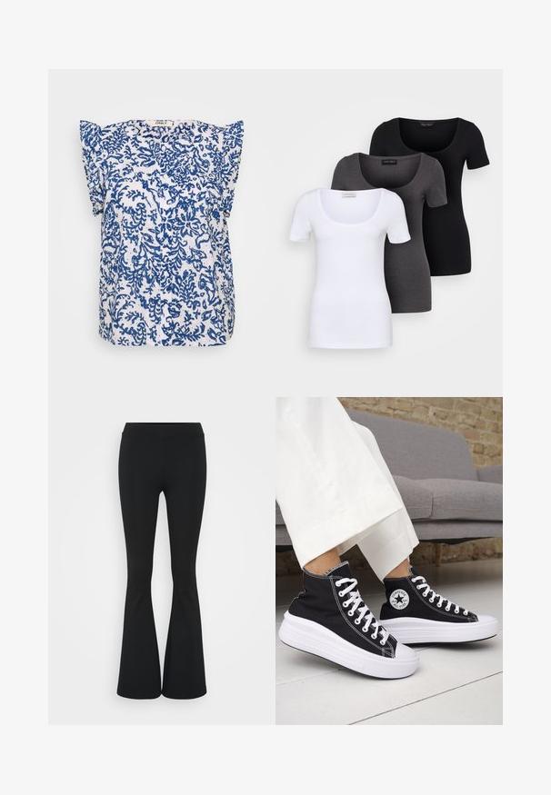 Balta īsām piedurknēm blūze, kas rotāta ar zilu ziedu rakstu, pogu aizdare un viļņota plecu apdare. Vieglas un elpojošas.; Trīs pieguļoši T-krekli baltā, pelēkā un melnā krāsā. Katram ir plaša izgriezuma kakla un īsas piedurknes. Izgatavoti no gluda, elastīga auduma.; Melnas izplešanās bikses, izgatavotas no elastīga auduma, ar augstu vidukli un gludu tekstūru. Bikses izvēršas no ceļa.; Melnas augstās topa kedas ar baltām gumijas zolēm un auklām. Tās ir ar apaļu logotipa uzšuvumu un kontrastējošām baltām šuvēm. Materiāls no kanvas.