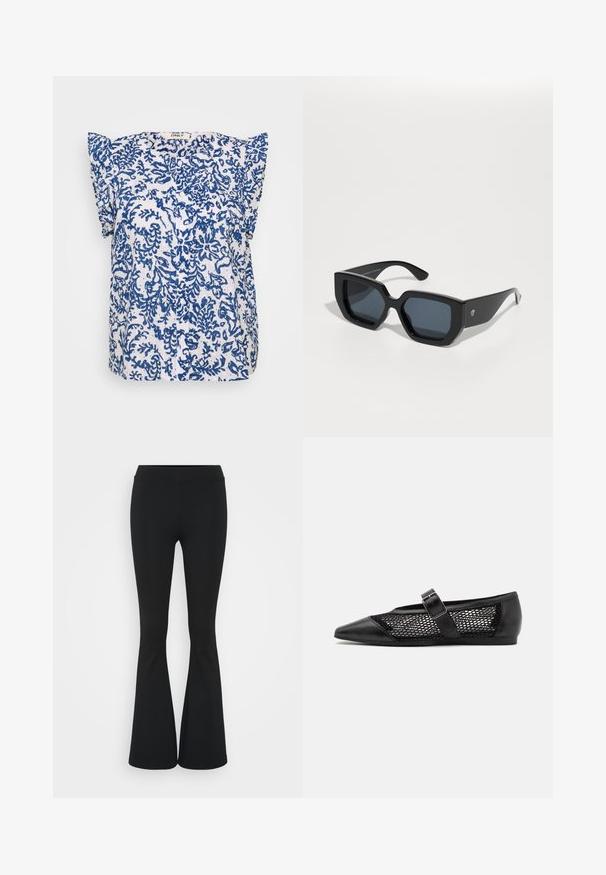 Kortermet bluse i hvit stoff med blå blomsterdesign, knappestolpe og rynkede skulderdetaljer. Lett og luftig.; Svarte flared bukser laget av elastisk stoff, med høy midje og en glatt tekstur. Buksene vidder ut fra kneet.; Sorte flate sko med spiss tå, meshsider og en stropp med spennedetalj. Glatt finish på tå- og hælområdene.; Svart oversized solbriller med geometrisk design, rektangulære linser og blank overflate. Ingen synlig merkevare på forsiden.