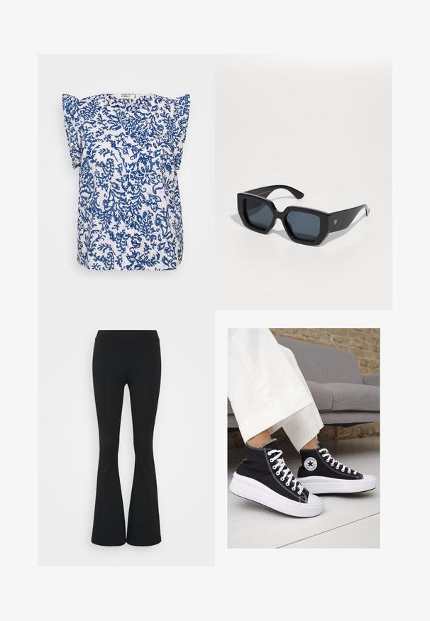 Kortermet bluse i hvit stoff med blå blomsterdesign, knappestolpe og rynkede skulderdetaljer. Lett og luftig.; Svarte flared bukser laget av elastisk stoff, med høy midje og en glatt tekstur. Buksene vidder ut fra kneet.; Sorte lerrets høy-top sneakers med hvite gummisulinger og snørebånd. Har et rundt logo på siden og kontrasterende hvite sting.; Svart oversized solbriller med geometrisk design, rektangulære linser og blank overflate. Ingen synlig merkevare på forsiden.