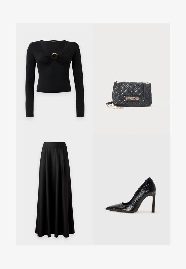 Mustikas pikkade varrukatega särk V-kaelusega, millel on kogutud kangas rinnaosa juures ja keskel ümmargune metallne aksessuaar. Pehme, veniv materjal.; Must have pikka, pikad varrukad, sügava V-dekolteega, kihiliste volangidega disain rinnaosas ja kellukese varrukad. Sile, veniv kangas.; Mustmust pikk, must seelik, millel on sile tekstuur, lai vöökoht ja volditud disain, ilma nähtavate mustrite või kaunistusteta.; Mustan teravaotsaga kõrge kontsaga king, millel on krokodillimustriga tekstuur, stiilne disain, kõrge stilettokonts ja sile must sisesisustus.; Must mustriga Love Moschino käekott musta tikandiga, millel on kuldne kett ja kuldne kaubamärgi plaaster esimesel klapil.