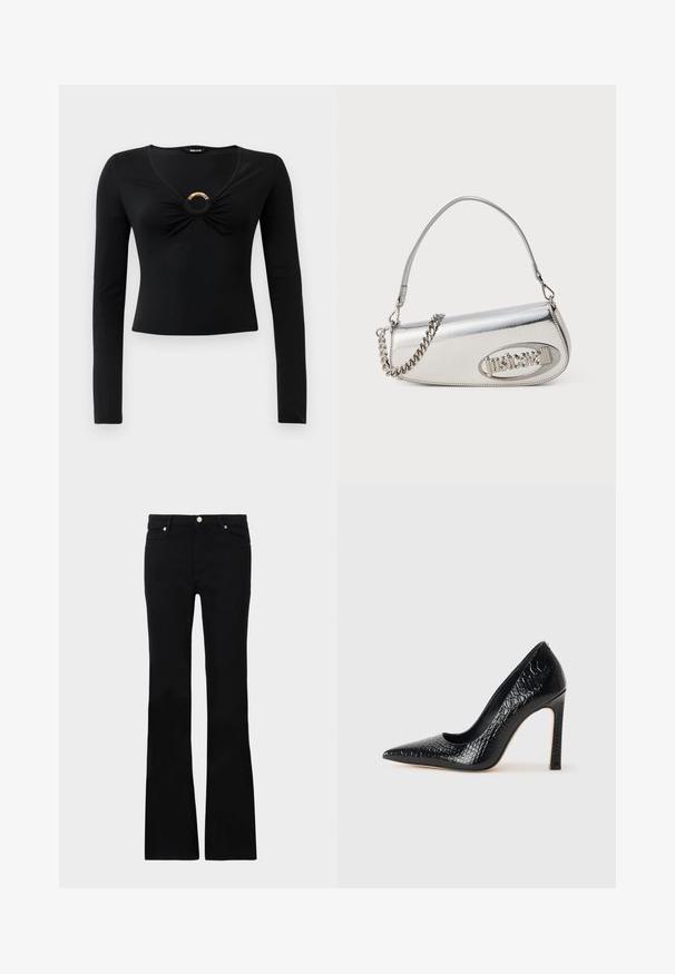 Mustikas pikkade varrukatega särk V-kaelusega, millel on kogutud kangas rinnaosa juures ja keskel ümmargune metallne aksessuaar. Pehme, veniv materjal.; Mustad teksased, millel on flared lõige, kaks esi-taskut, nööbiga kinnitamine ja sile tekstuur. Tootemärgistus on nähtav õmblustes.; Mustan teravaotsaga kõrge kontsaga king, millel on krokodillimustriga tekstuur, stiilne disain, kõrge stilettokonts ja sile must sisesisustus.; Hõbedane metallist käekott, millel on ümar kolmnurkne kujundus, millel on logo, kettrihm ja sile tekstuur. Küljel on lukuga sulgur.