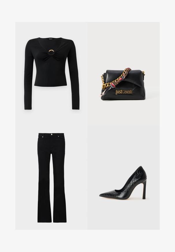 Top negru cu mânecă lungă și decolteu în V, având o țesătură gathered la bust și un accent metallic rotund în centru. Material moale și elastic.; Blugi negri evazați din denim, care prezintă două buzunare frontale, o închidere cu buton și o textură netedă. Coaserea semnăturii vizibilă la cusături.; Pantofii cu toc înalt, ascuțiți, de culoare neagră, cu textură de piele de crocodil, având un design elegant, toc în stil stiletto și interior neted de culoare neagră.; Geantă de piele neagră cu un mănunchi de lanț aurie, având un accent dintr-un material textil cu un model și un logo embosat pe față.