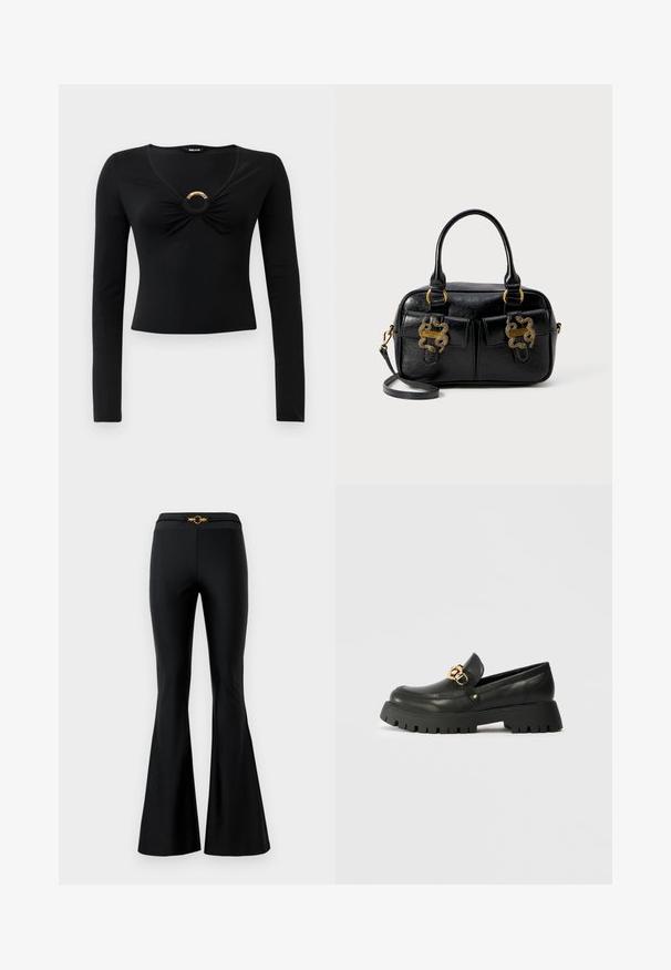 Juodas ilgomis rankovėmis viršus su V formos iškirpte, turintis susiraukšlėjusius audinius krūtinės srityje ir apvalų metalinį akcentą centre. Minkšta, elastinga medžiaga.; Juodos išsiplėtusios kelnės su lygiu paviršiumi, turinčios prigludusią juosmenį ir auksinę apvalią įdėklą priekyje. Pagamintos iš elastingos medžiagos.; Juodas odinis loaferis su storu, tekstūruotu guminiu padu. Savybė - auksinė grandinėlė, puošanti priekį, ir suapvalinta noselė.; Juodas tekstūruotas odinis rankinė su dviem viršutiniais laikikliais, dviem priekiniais kišenėmis ir auksiniais detalių akcentais. Apima nuimama peties juosta.