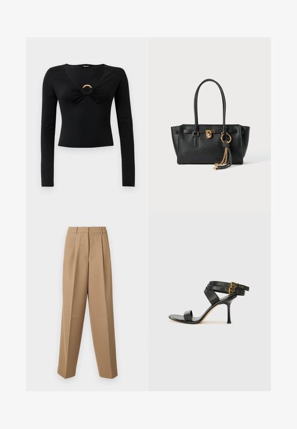 Fekete, hosszú ujjú, V-nyakú felső, ráncolt anyaggal a mellen és egy kerek fém díszítéssel a közepén. Puha, rugalmas anyag.; Beige színű, magas derekú, plissézett elejű és széles szárú, testre szabott nadrág. Az anyag sima tapintású, enyhe fénylő hatással.; Fekete magassarkú szandál keresztpántos dizájnnal és állítható csattal. Simább felülettel és hegyes tűsarkúval rendelkezik.; Fekete bőr kézitáska dupla fogantyúkkal, aranyzárral és lánc részletekkel, fekete-fehér bojt kiegészítővel, fehér háttéren.