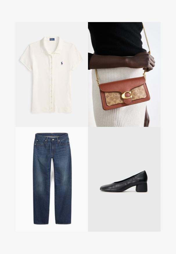 Polo de algodão off-white com mangas curtas, gola e pala de botões. Apresenta um pequeno logótipo azul-marinho no peito.; Calças de ganga azul escuro com corte de perna direita. Apresentam fecho de botão, cinco bolsos e um desvanecimento subtil no tecido.; Sapato de salto preto em couro com bico arredondado e salto médio bloco. Textura suave com detalhes mínimos, apresentando uma abertura elástica discreta.; Bolsa crossbody em couro castanho e monograma bege, com fecho em forma de C em tom dourado e alça de corrente, apresentando uma textura suave e forma estruturada.