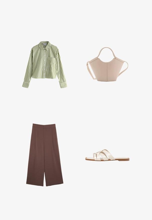 Camicetta corta a righe verdi e bianche, con colletto, maniche lunghe, chiusura con bottoni e taschino sul petto con righe a contrasto.; Pantaloni ampi marroni con una texture liscia, caratterizzati da una vita alta e pieghe frontali. Il tessuto è leggero e scorre liberamente.; Infradito con suola in gomma color talpa, progettate con tre cinturini in pelle bianca sovrapposti e un piccolo dettaglio a fiocco al centro.; Borsa in pelle beige con una forma unica, caratterizzata da due manici corti e una lunga tracolla regolabile. Texture liscia con hardware minimale.
