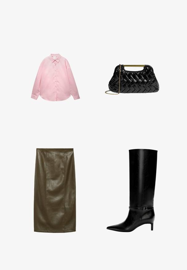 Helles rosa Langarm-Hemd mit dünnen weißen vertikalen Streifen und spitzem Kragen, flach auf einem weißen Hintergrund ausgelegt.; Olivenfarbene Kunstleder- Bleistiftrock mit glatter Textur, knielang, mit vertikalen Nähten für einen maßgeschneiderten Look.; Schwarze Lederstiefel bis zum Knie mit spitzer Zehe und kleinem Absatz. Verfügt über einen schmalen Riemen mit einer metallischen Schnalle am Knöchel. Glatte Textur.; Schwarze geflochtene Lederhandtasche mit einem goldenen Metallgriff und einem abnehmbaren Kettenriemen. Sie hat ein glänzendes Finish und eine weiche, abgerundete Form.