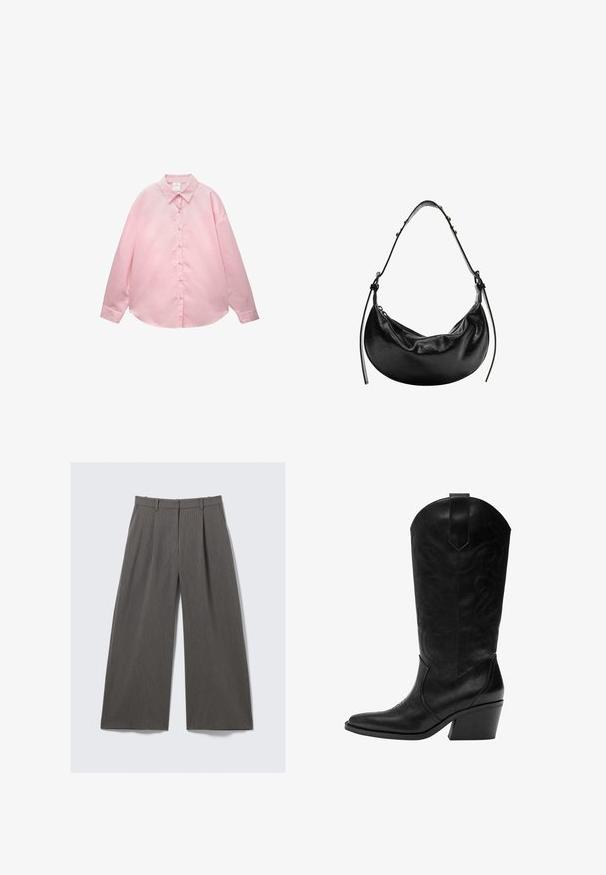 Lichtroze overhemd met lange mouwen, met knopen, dunne witte verticale strepen en een puntige kraag, plat gelegd op een witte achtergrond.; Grijze pinstriped wijde broek met riemlussen en plooien, plat geëxposeerd tegen een witte achtergrond.; Zwarte leren cowboylaars met puntige neus, decoratieve stiksels, een middellange schuine blokhak en een trekband op de schacht.; Zwarte leren handtas met een halve maan vorm, gladde textuur en verstelbare schouderband, met subtiele hardware accenten. Rits sluiting zichtbaar.