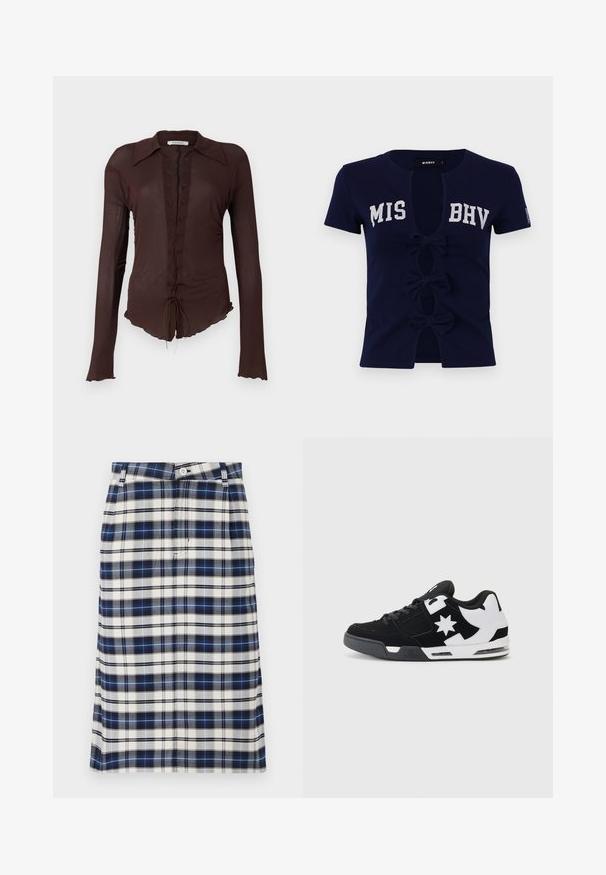 Ruskea pitkähihainen paita, jossa on nauhakiinnitys edessä, kärkipanta ja aaltoileva helma. Valmistettu kevyestä, hieman läpikuultavasta materiaalista.; Navy blue lyhythihainen T-paita, jossa on syvä V-pääntie, ja jossa on teksti "MIS BHV". Kolme nauhaa koristaa etureikiä, ja se on valmistettu pehmeästä puuvillamateriaalista.; Ruudullinen hame tummansinisessä, valkoisessa ja harmaassa. Ominaisuuksina suora siluetti, nappikiinnitys ja hienovarainen tekstuuri ruutupinnalla.; Mustekat ja valged tossud, mis on valmistatud sametist ja võrgumaterjalidest. Puhutud tähtlogo ja julged aktsendid külgedel, pehme tallaga.