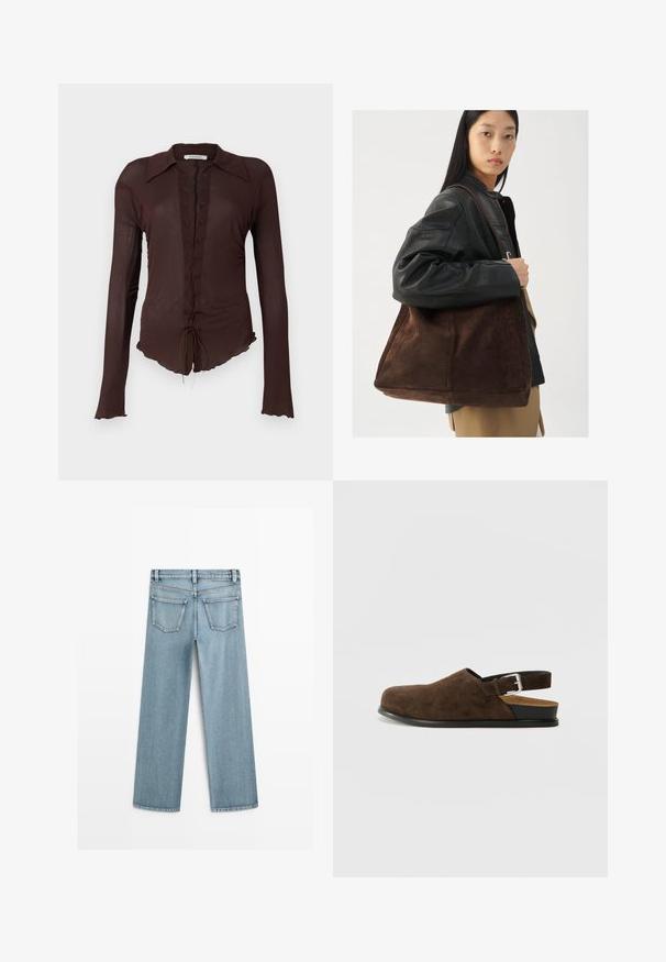 Blusa marrone a maniche lunghe con scollatura lacciata, colletto a punta e orlo scallop. Realizzata in materiale leggero e leggermente trasparente.; Jeans in denim azzurro chiaro a gamba larga con vita mediamente alta, dotati di due tasche posteriori e un taglio dritto classico.; Scarpa slip-on in suede marrone con tacco basso, cinturino regolabile con fibbia argentata e suola in gomma nera.; Borsa tote in suede marrone con forma ampia e texture morbida, caratterizzata da una strap singola e hardware minimale su uno sfondo neutro.