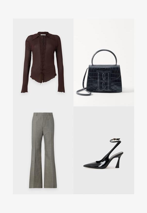 Brown long-sleeve blouse with a lace-up front, point collar, and scalloped hem. Made of lightweight, slightly sheer material.; Gray flared trousers made of textured fabric, featuring a tailored fit, subtle plaid pattern, and front creases for a refined appearance.; Black patent leather slingback high heels with a pointed toe, adjustable ankle strap, and a moderate block heel. Smooth texture with glossy finish.; Black crocodile-embossed leather handbag with a structured design, top handle, adjustable strap, and a prominent front logo detail.