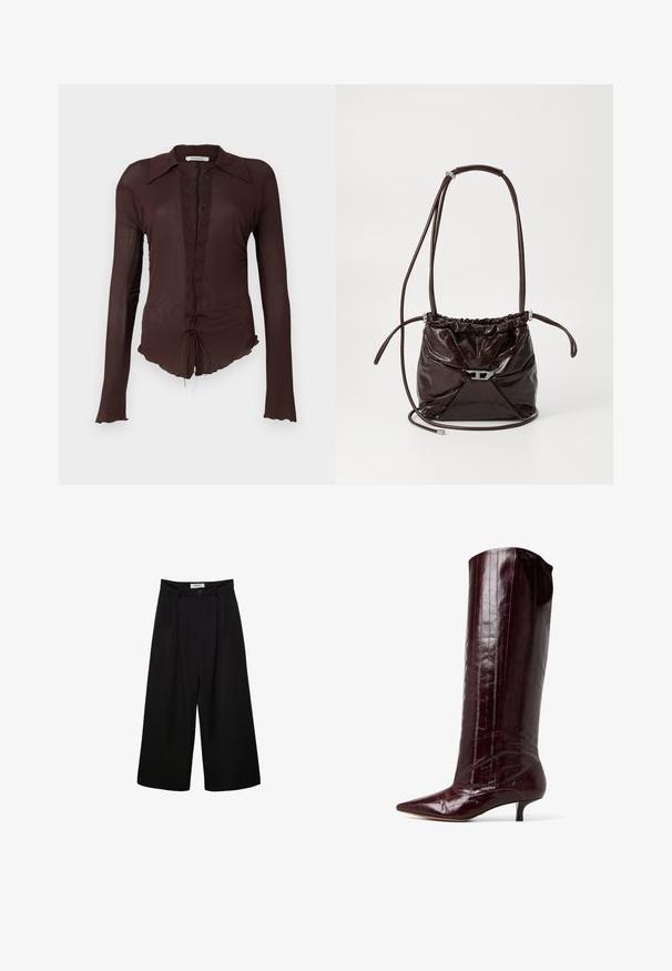 Brunbluse med lange ærmer, snøring fortil, spidse krave og bølget kant. Lavet af letvægts, let gennemsigtigt materiale.; Sorte brede bukser med høj talje, plisseret front og knaplukning. Lavet af glat stof med en skræddersyet design.; Vinsorte knæhøje støvler i skinnende patentmateriale. Har spidse tæer og kitten-heels med lodrette linjer på skaftet.; Mørkebrun, blanklæder skuldertaske med samlet top og tynd, justerbar rem, der har en lille sølvfarvet spænde detaljer foran.