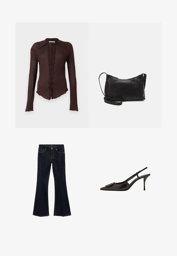 Brunbluse med lange ærmer, snøring fortil, spidse krave og bølget kant. Lavet af letvægts, let gennemsigtigt materiale.; Mørkeblå denim jeans med høj talje, forlommer og brede, flagrende ben, udstillet fladt på en hvid baggrund.; Sort patenteret læder slingback sko med spids tå, minimalistisk design, lille cirkulært pynt på vampskindsdelen og slank hæl.; Sort læder skuldertaske med en glat tekstur, buet form, justerbar rem og lynlås. Minimalistisk design uden udsmykninger.