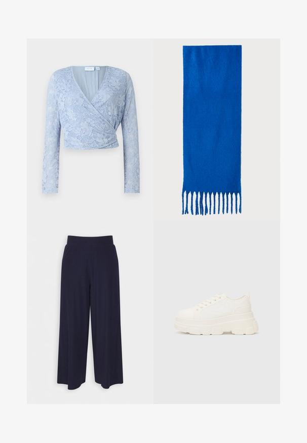 Lyseblå blondecropped topp med V-hals, lange ermer og innpakningsdesign. Har intrikate blomster mønstre og en glatt innerfôr.; Bredde bukser i mørk marineblå stoff med ribbet tekstur. Har en glatt midje og en luftig silhuett, som når midt på leggen.; Hvit kanvas sneakers med chunky såle, avrundet tå og fem hull for snøringer. Bakre tab for enkel påkledning. Glatt tekstur, minimalistisk design.; Blå frynset skjerf laget av myk stoff; har en ensfarget overflate med en teksturert overflate og jevnt klipte frynser nederst.