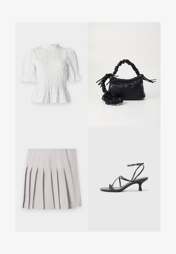 Blusa branca de mangas curtas com textura franzida, decote com pregas e mangas esvoaçantes. Apresenta um hem de peplum e uma cintura elástica.; Saia cinza plissada com uma textura suave, apresentando múltiplos pregas verticais e uma cintura ajustada. Feita de tecido leve.; Sandálias pretas de salto alto com tiras finas, design aberto na ponta e um pequeno salto largo. O material parece suave e brilhante.; Bolsa de mão em couro sintético preto com textura de crocodilo, topo franzido e alça enrugada. Apresenta um design suave e compacto.