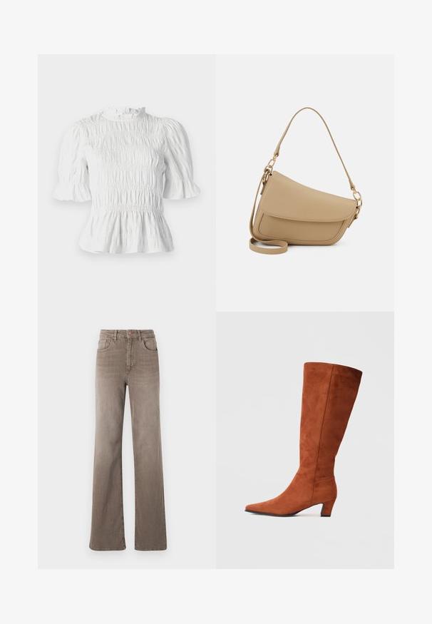 Blusa branca de mangas curtas com textura franzida, decote com pregas e mangas esvoaçantes. Apresenta um hem de peplum e uma cintura elástica.; Jeans castanhos de cintura alta, de perna reta, com botão frontal, passantes para cinto e design clássico de cinco bolsos em fundo branco.; Bota alta de camurça castanha com biqueira fina e um pequeno salto quadrado, apresentando uma textura suave e um design minimalista.; Even&Odd Mala de mão - beige