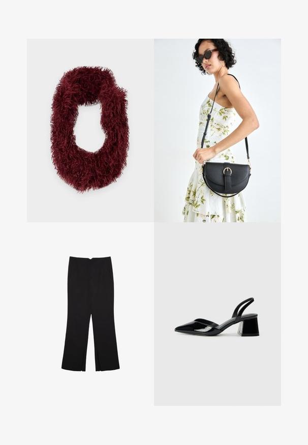 Écharpe en infini bordeaux, duveteuse, en tissu doux avec un aspect texturé et shaggy. Forme circulaire sans matériel visible.; Pantalon noir avec une coupe droite, doté de poches avant et d'éclairs sur l'ourlet. Fabriqué en tissu doux et lisse. Convient à diverses occasions.; Escarpins en cuir verni noir avec bout pointu et talon bloc géométrique. Présente un design élégant et minimaliste ainsi qu'une texture lisse.; Sac à main en cuir noir avec une forme courbée, bandoulière amovible et des accessoires en or. Le sac est doté d'un rabat avec un détail de boucle.