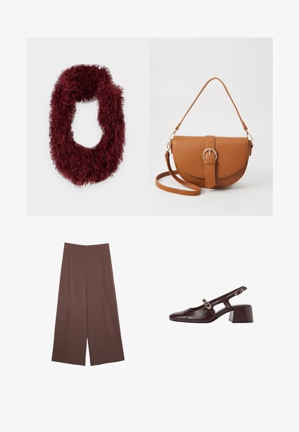 Burgundowy, puszysty szalik w kształcie nieskończoności wykonany z miękkiego materiału o teksturowanym, gęstym wyglądzie. O okrągłym kształcie, bez widocznych elementów hardware.; Brązowe spodnie o szerokich nogawkach z gładką fakturą, z wysokim stanem i plisami z przodu. Materiał jest lekki i luźno opada.; Brązowe skórzane szpilki z odkrytym piętą, kwadratowym noskiem, wyciętymi bokami i słupkowym obcasem. Posiadają klamrę na pasku wokół kostki.; Brązowa skórzana torba na ramię o zaokrąglonym kształcie, ze złotymi akcentami i zapięciem w formie klamry. Posiada odpinany pasek na ramię.