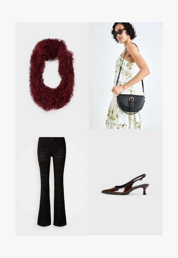 Burgundy, fuzzy infinity scarf made of soft fabric with a textured, shaggy appearance. Circular shape with no visible hardware.; Black denim flared jeans featuring distressed accents on the front, textured patches, and a classic five-pocket design with a button closure.; Brown patent leather slingback shoe with a pointed toe and a moderate heel. Features a buckle strap for secure fit. Smooth texture.; Black leather handbag with a curved shape, detachable strap, and gold hardware. The bag features a flap with a buckle detail.