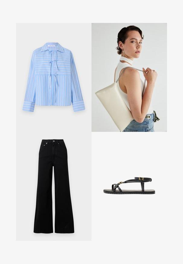 Blusa a rayas azul con cuello, detalle de lazo en la parte delantera y mangas largas. Presenta rayas alternadas claras y oscuras en un tejido suave.; Vaqueros negros de pierna ancha hechos de mezclilla, con cintura alta, cinco bolsillos, cierre frontal con botones y detalles de costura mínimos.; Sandalias de cuero negro con tiras delgadas y una correa de tobillo con hebilla. Suela plana con un acabado texturizado y borde en zigzag. Diseño minimalista.; Bolso de mano rectangular blanco, hecho de un material brillante, con una cadena plateada. La modelo posa, mostrando el bolso frente a un fondo liso.