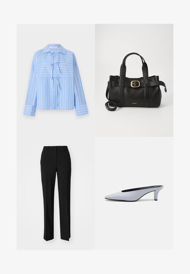 Blauw gestreepte blouse met een kraag, strikdetail aan de voorkant en lange mouwen. Kenmerkt zich door afwisselende lichte en donkere strepen in een gladde stof.; Zwarte op maat gemaakte broek met een recht model, voorzien van een soepele textuur en scherpe plooien aan de voorkant. Geen zichtbare hardware.; Lichtblauwe patentleren mule met een spitse neus, een lage doorzichtige hak, en een strak ontwerp met een uitsparing bij de vamp.; Zwarte leren handtas met een gestructureerd ontwerp, dubbele handgrepen aan de bovenkant, een gouden gespaccent en een geperst merklogo aan de voorkant.