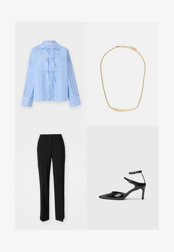 Kék csíkos blúz gallérral, elöl megkötős részlettel és hosszú ujjakkal. Az anyag sima, és váltakozó világos és sötét csíkokkal rendelkezik.; Fekete, testhezálló nadrág egyenes szárú kivitelben, sima textúrával és éles redőkkel az elején. Nincs látható fémalkatrész.; Fekete lakkbőr magassarkú cipők hegyes orral, állítható bokapánttal és vékony sarokkal. Simább textúra fényes kivitelben.; Aranyozott nyaklánc sima, ívelt középső díszítéssel. Rugalmas lánccal rendelkezik, homárzárral és további állítható láncszemekkel.