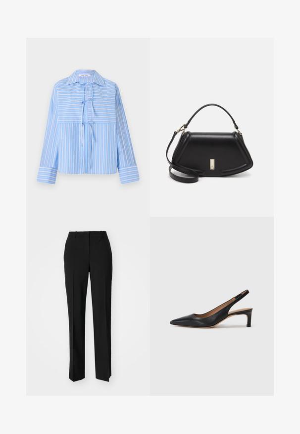 Bluse mit blauen Streifen, Kragen, Bindeschleife vorne und langen Ärmeln. Sie hat abwechselnd helle und dunkle Streifen in einem glatten Stoff.; Schwarze, taillierte Hose mit geradem Bein, aus einem glatten Stoff und mit klaren Falten an der Vorderseite. Keine sichtbare Hardware.; Schwarze Leder-Slingback-Pumps mit spitzer Zehenform, niedrigem Absatz und glatter Textur. Verfügt über einen dünnen, verstellbaren Riemen für einen sicheren Sitz.; Schwarze Lederhandtasche mit einem strukturierten Design, das eine verkürzte Form, einen oberen Griff und goldfarbene Hardware-Details aufweist. Verstellbarer Schulterriemen ist enthalten.
