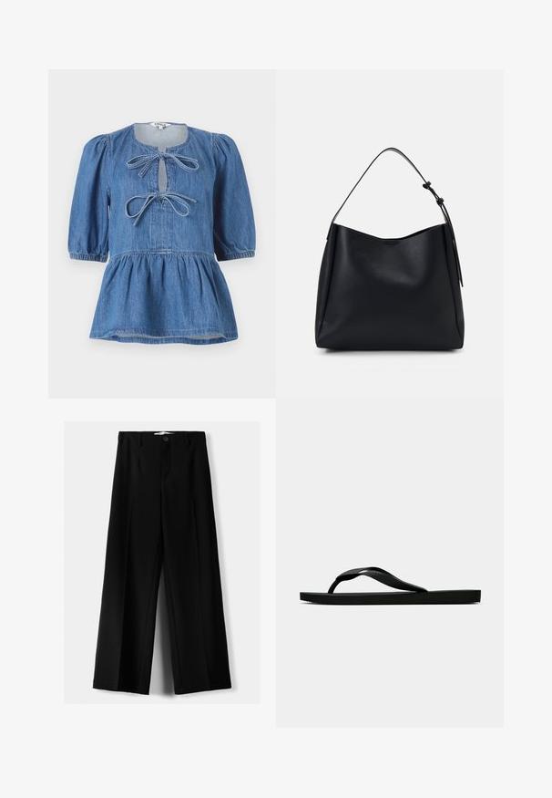 Top in denim a peplum con maniche corte a sbuffo, scollatura rotonda con due fiocchi e vita arricciata per una silhouette svasata.; Pantaloni neri a gamba larga realizzati in tessuto leggero, caratterizzati da una chiusura frontale con bottone e frontale piatto, con orli cuciti con precisione.; Infradito in gomma nera con cinturino testurizzato e suola piatta semplice, mostrati di lato su uno sfondo chiaro e uniforme.; Borsa hobo in pelle nera con una sola tracolla, texture liscia, parte superiore affusolata e design minimalista senza hardware visibile.