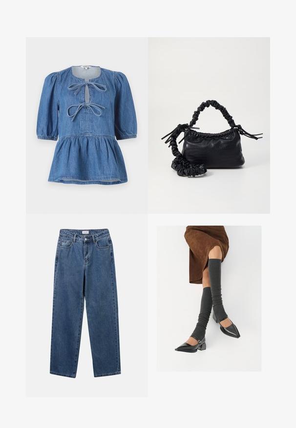 Denim peplum felső rövid puffos ujjakkal, kerek nyakkivágással, két masnival és ráncolt derékrésszel, amely kiemeli a flared sziluettet.; Klasszikus kék farmernadrág egyenes szárú dizájnal, öt zsebbel és gombos zárással. Közepes mosású és strapabíró textúrával rendelkezik.; Fekete lakk bőrből készült, hegyes orrú cipők, tömbsarkúakkal és bokapánttal, szürke bordás lábszármelegítőkkel és barna velúr szoknyával párosítva.; Fekete műbőr kézi táska krokodil bőr textúrával, összehúzható tetejű és gyűrt pánttal. Lágy és kompakt dizájnúnak tűnik.