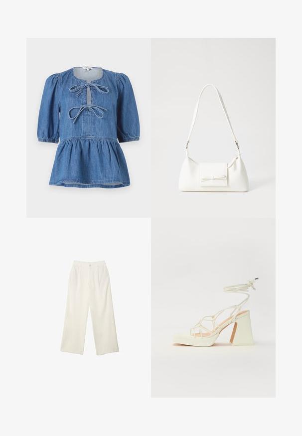 Top in denim a peplum con maniche corte a sbuffo, scollatura rotonda con due fiocchi e vita arricciata per una silhouette svasata.; Pantaloni a gamba larga in tessuto crema con una texture liscia, caratterizzati da un singolo bottone frontale, pieghe sottili e un design a vita alta.; Sandalo bianco con tacco alto, caratterizzato da un design a cinturini e un legaccio alla caviglia. Texture liscia con una piattaforma frontale per un'altezza aggiuntiva.; Borsa sintetica bianca a forma triangolare, con patta anteriore piatta e dettaglio a fiocco, tracolla regolabile, texture liscia e design minimalista.