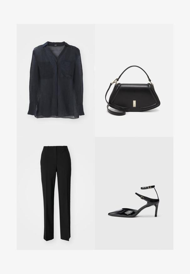 Navy blue sheer long-sleeve blouse with a V-neck, featuring two chest pockets and side slits at the hem. Made from lightweight fabric.; Black tailored trousers with a straight-leg design, featuring a smooth texture and crisp creases along the front. No visible hardware.; Black patent leather heels with a pointed toe, adjustable ankle straps, and a slender heel. Smooth texture with a shiny finish.; Black leather handbag with a structured design, featuring a cropped shape, top handle, and gold hardware accent. Adjustable shoulder strap included.