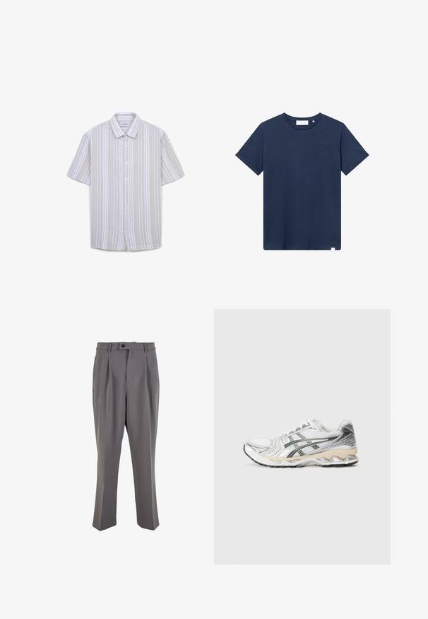 Camicia a maniche corte con bottoni di colore beige chiaro con strisce verticali bianche, in tessuto texturizzato e colletto classico. Presenta cinque bottoni.; T-shirt in cotone blu navy con scollo rotondo, maniche corte e un piccolo logo ricamato sul lato sinistro del petto. Texture liscia.; Pantaloni grigi plissettati in tessuto liscio, con taglio dritto, chiusura con un bottone e passanti per cintura. Design minimalista.; Scarpa sportiva bianca con accenti argento e neri, parte superiore in rete, design testurizzato, suola imbottita e un modello di battistrada flessibile.