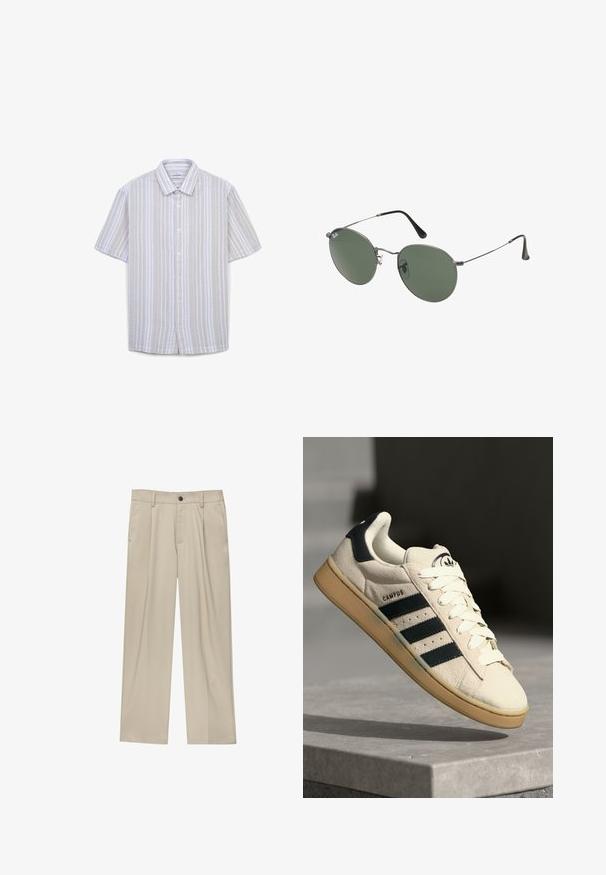 Kurzarm-Hemd mit Knopfleiste in hellbeige mit weißen vertikalen Streifen, strukturierter Stoff und klassischem Kragen. Verfügt über fünf Knöpfe.; Beige Hosen mit geradem Schnitt, ausgestattet mit einem einzelnen schwarzen Knopf, Gürtelschlaufen und Seitentaschen. Glatte Stofftextur und minimalistisches Design.; Beige Wildledersneaker mit drei dunkelblauen Streifen, weißen Schnürsenkeln und einer tannfarbigen Gummisohle. Verfügt über ein Logo auf der Zunge und den Text "CAMPUS".; Metallgestellte Sonnenbrille mit ovalen grünen Gläsern. Dünner silberner Metallrahmen und schwarze Ohrstücke. Minimalistisches Design, keine sichtbaren Logos.