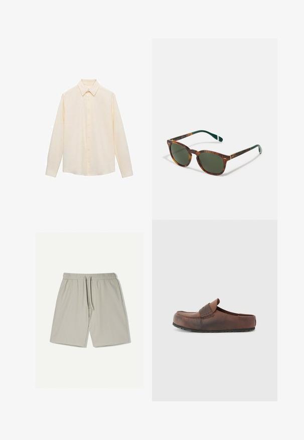 Světle žlutá košilová košile s límečkem, dlouhými rukávy a vertikálním proužkovaným vzorem. Vyrobena z měkké tkaniny.; Svetle šedé sportovní šortky vyrobené z hladké, prodyšné látky. Mají elastický pas se šňůrkou a jemné boční švy.; Hnědá kožená nazouvací bota s kulatou špičkou, dekoračním prošitím a texturovanou gumovou podrážkou. Jednoduchý design a minimální akcenty.; Kočičí sluneční brýle s hnědými skvrnami a zelenými skly, zaoblený tvar, zlaté akcenty a tmavozelené nožky s bílým pruhováním.