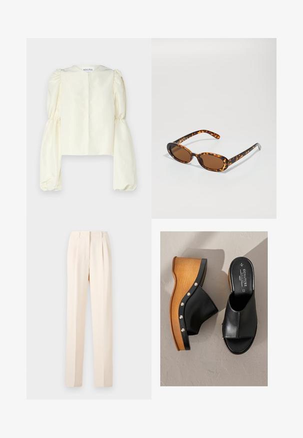 Blusa de satén crema con un cuello alto y mangas largas abullonadas y voluminosas. El diseño minimalista presenta un cierre en la parte posterior y sin adornos.; Pantalones de vestir beige con pliegues, que presentan un corte recto y una textura suave. La cintura es limpia, sin herrajes visibles.; Sandalias de cuña de cuero negro con una plataforma de aspecto madera, tachuelas plateadas a lo largo del borde y un diseño de punta abierta. Suela texturizada para mayor agarre.; Gafas de sol de carey con montura ovalada, lentes marrones y patas delgadas negras con sutiles acentos de patrón.; Brazalete dorado con un exterior liso y un interior texturizado. Presenta un diseño amplio y redondeado con un corte abierto en un lado.