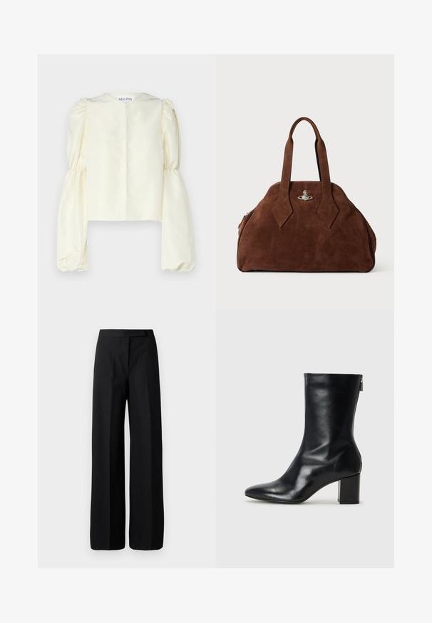 Kreminės satino bliuskutės su aukštu kaklu ir talpiomis susiraukšlėmis ilgomis rankovėmis. Minimalistinis dizainas su nugariniu užsegimu ir be papuošimų.; Plati juodos kelnės su lygiu, matinį paviršių. Lygus liemuo be matomų detalių ar raštų. Paprastas ir elegantiškas dizainas.; Juodų odinių kulkšninių botų su smailiu nosiu ir 4 cm pločio bloku. Išskirtinis dizainas pasižymi šoniniu užtrauktuku, leidžiančiu lengvai apsiauti. Lygi tekstūra.; Ruda zomšo rankinė su struktūrine forma, apvaliu kūnu ir pailgom rombo formos rankenom. Yra sidabro spalvos uždarymo mechanizmas.