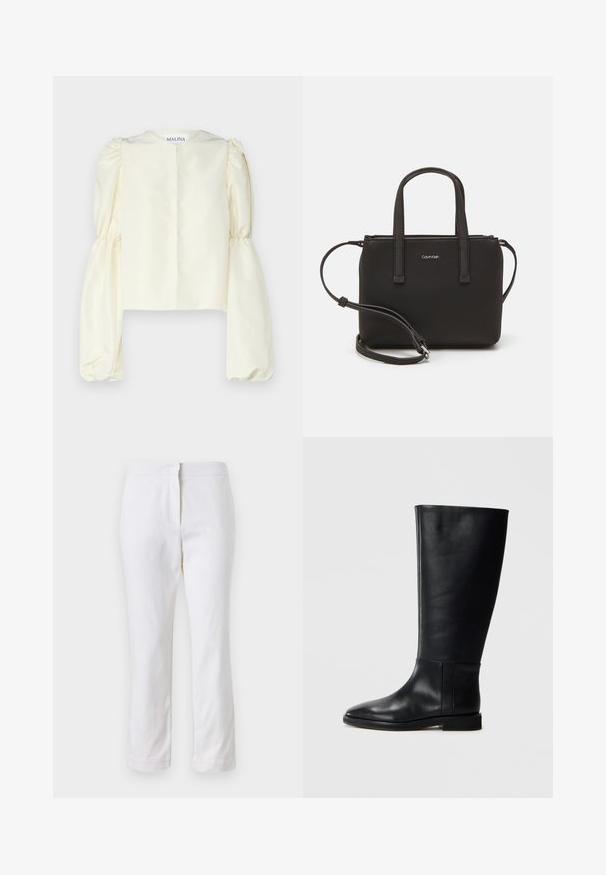 Cream satin blouse with a high neckline and voluminous, gathered long sleeves. Minimalist design features a back closure and no embellishments.; White cotton pants with a straight leg design, featuring a mid-rise waist and no visible hardware or patterns. Smooth texture throughout.; Black leather knee-high boot with a rounded toe, smooth texture, minimalistic design, and a flat sole. Simple seam details on the shaft.; Black handbag with dual short handles and a removable shoulder strap. Smooth leather-like material with a zip closure and logo detail.