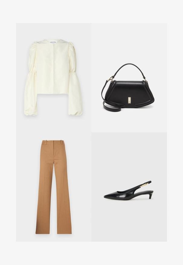 Kreemias satinist bluus kõrge kaelusega ja volüümikate, kokku kogutud pikkade varrukatega. Minimalistlik disain sisaldab selja panna ja ei oma kaunistusi.; HUGO HULANA - Chino-püksid - open brown; Mustad nahast slingback kontsad terava ninaga, millel on õhuke konts ja kuldse tooni aktsent reguleeritaval rihmal. Sile tekstuur.; Must mustrist käekott, millel on struktureeritud disain, lühendatud kuju, ülemine käepide ja kuldne metallist detail. Reguleeritav õlalihm on kaasas.
